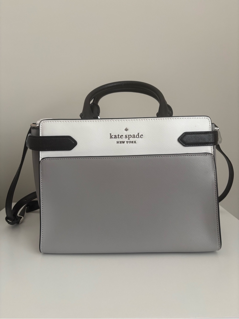 kate spade New York Gray, White & Black Leather Satchel